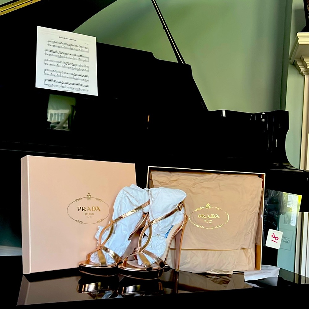 Prada. Rose gold platform stilettos. Worn, twice. Original receipt and box.